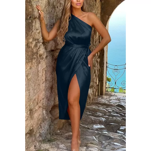 imagePRETTYGARDEN Womens 2023 Summer Ruched Bodycon Dress Sleeveless One Shoulder Wrap Satin Belted Cocktail Midi DressNavy
