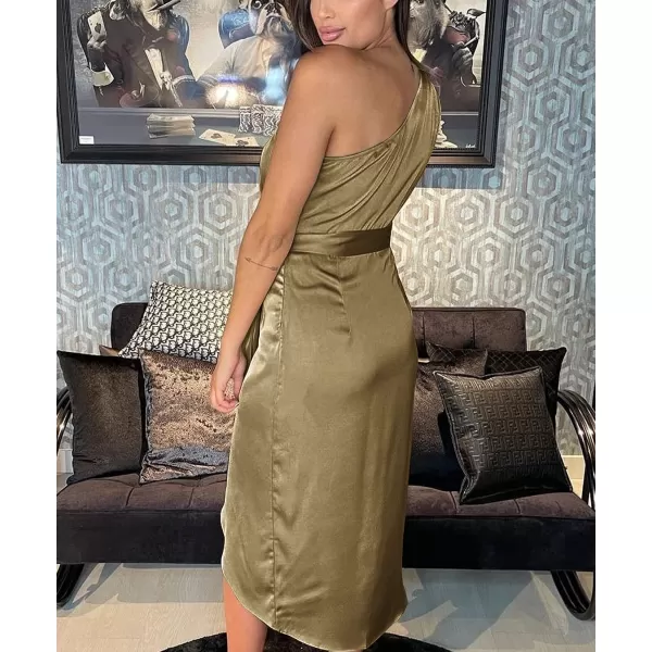 imagePRETTYGARDEN Womens 2023 Summer Ruched Bodycon Dress Sleeveless One Shoulder Wrap Satin Belted Cocktail Midi DressOlive Green