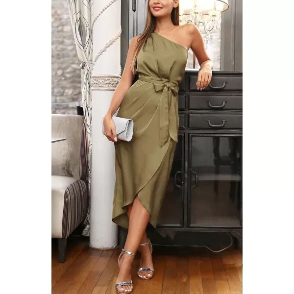 imagePRETTYGARDEN Womens 2023 Summer Ruched Bodycon Dress Sleeveless One Shoulder Wrap Satin Belted Cocktail Midi DressOlive Green