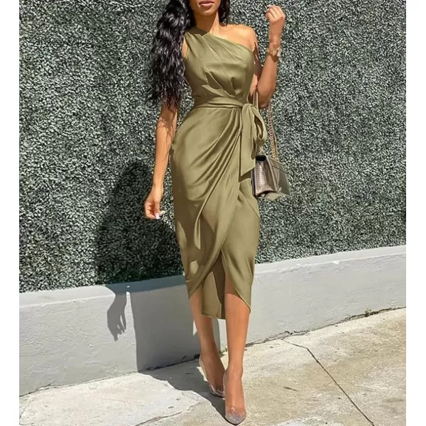 imagePRETTYGARDEN Womens 2023 Summer Ruched Bodycon Dress Sleeveless One Shoulder Wrap Satin Belted Cocktail Midi DressOlive Green