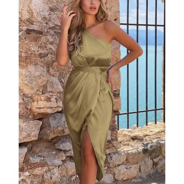 imagePRETTYGARDEN Womens 2023 Summer Ruched Bodycon Dress Sleeveless One Shoulder Wrap Satin Belted Cocktail Midi DressOlive Green