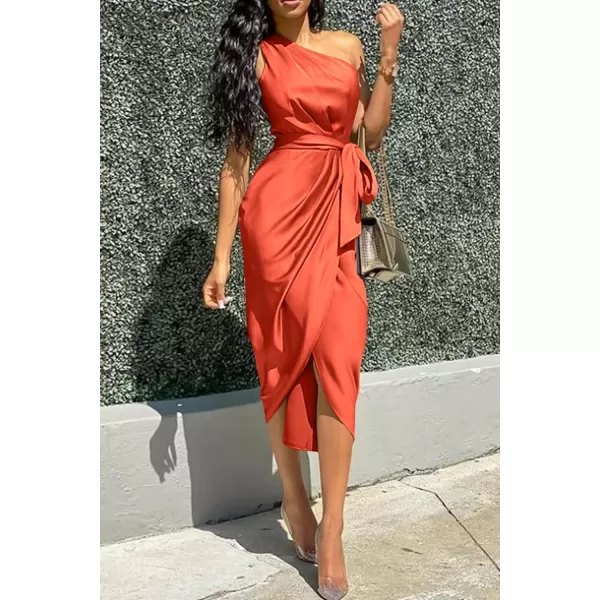 imagePRETTYGARDEN Womens 2023 Summer Ruched Bodycon Dress Sleeveless One Shoulder Wrap Satin Belted Cocktail Midi DressOrange
