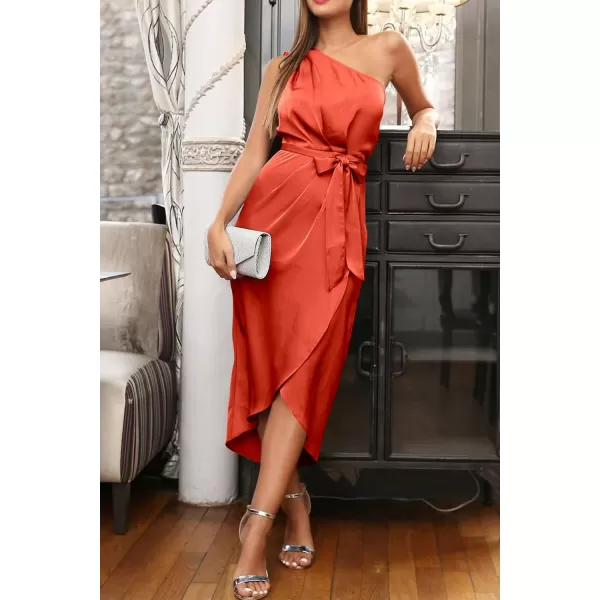 imagePRETTYGARDEN Womens 2023 Summer Ruched Bodycon Dress Sleeveless One Shoulder Wrap Satin Belted Cocktail Midi DressOrange
