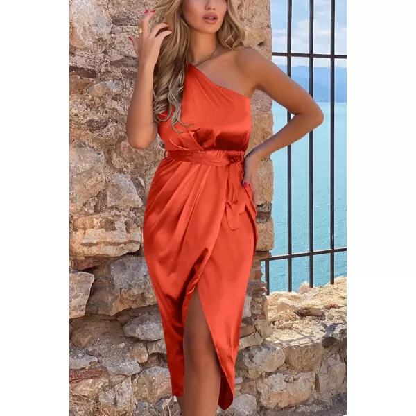 imagePRETTYGARDEN Womens 2023 Summer Ruched Bodycon Dress Sleeveless One Shoulder Wrap Satin Belted Cocktail Midi DressOrange