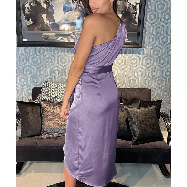 imagePRETTYGARDEN Womens 2023 Summer Ruched Bodycon Dress Sleeveless One Shoulder Wrap Satin Belted Cocktail Midi DressPurple
