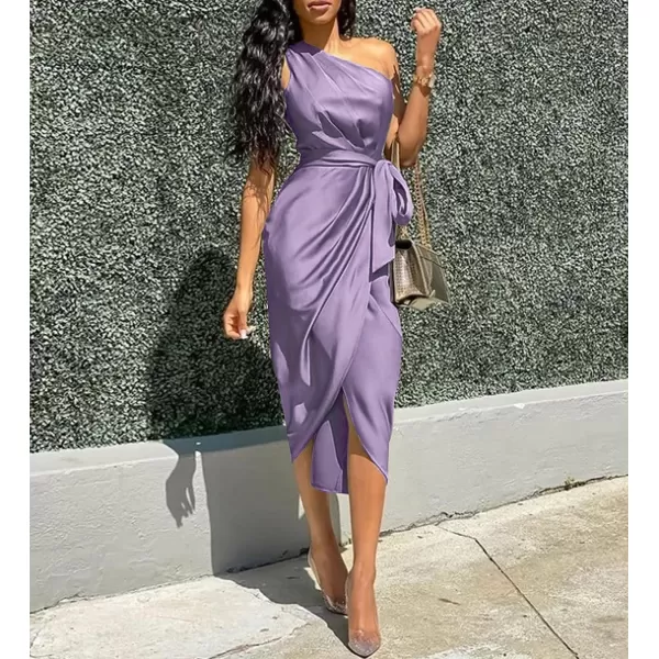 imagePRETTYGARDEN Womens 2023 Summer Ruched Bodycon Dress Sleeveless One Shoulder Wrap Satin Belted Cocktail Midi DressPurple