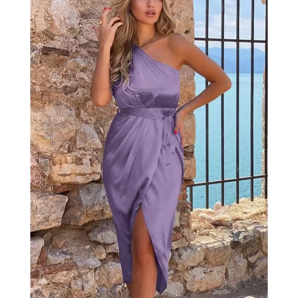 imagePRETTYGARDEN Womens 2023 Summer Ruched Bodycon Dress Sleeveless One Shoulder Wrap Satin Belted Cocktail Midi DressPurple