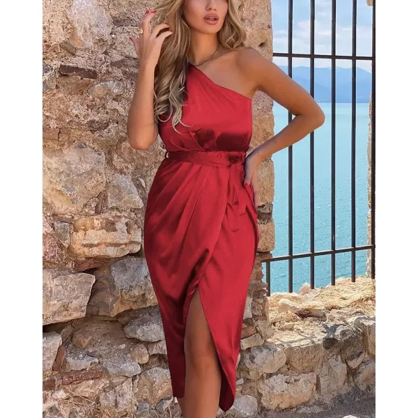 imagePRETTYGARDEN Womens 2023 Summer Ruched Bodycon Dress Sleeveless One Shoulder Wrap Satin Belted Cocktail Midi DressRed
