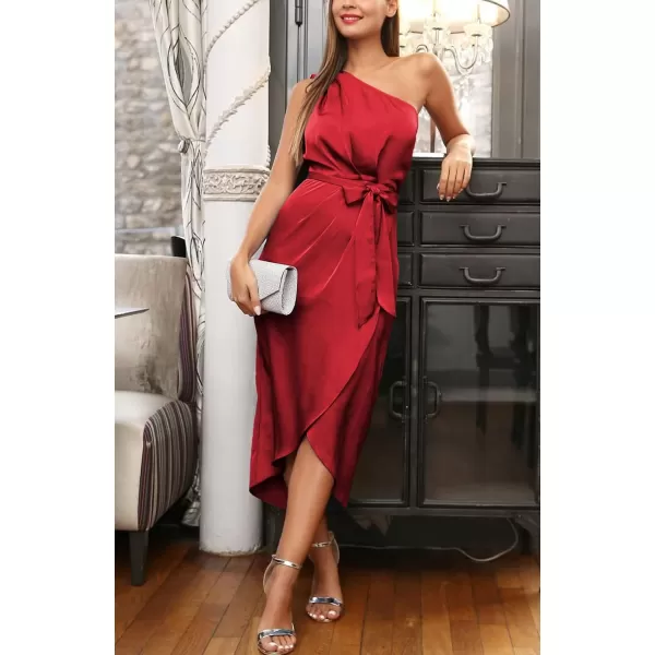 imagePRETTYGARDEN Womens 2023 Summer Ruched Bodycon Dress Sleeveless One Shoulder Wrap Satin Belted Cocktail Midi DressRed