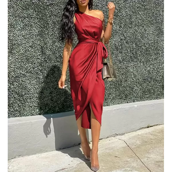 imagePRETTYGARDEN Womens 2023 Summer Ruched Bodycon Dress Sleeveless One Shoulder Wrap Satin Belted Cocktail Midi DressRed