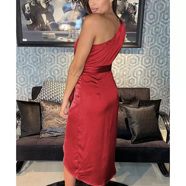 imagePRETTYGARDEN Womens 2023 Summer Ruched Bodycon Dress Sleeveless One Shoulder Wrap Satin Belted Cocktail Midi DressRed
