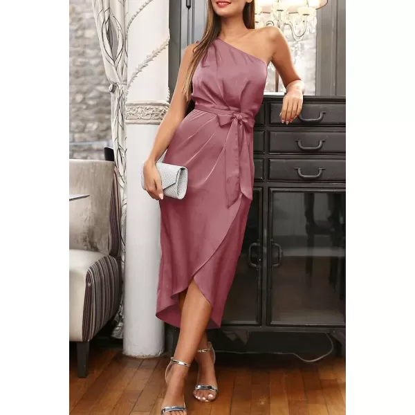 imagePRETTYGARDEN Womens 2023 Summer Ruched Bodycon Dress Sleeveless One Shoulder Wrap Satin Belted Cocktail Midi DressRose Red