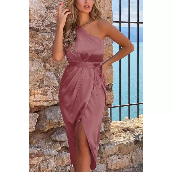 imagePRETTYGARDEN Womens 2023 Summer Ruched Bodycon Dress Sleeveless One Shoulder Wrap Satin Belted Cocktail Midi DressRose Red