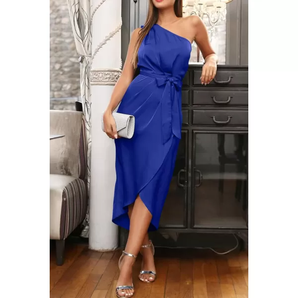 imagePRETTYGARDEN Womens 2023 Summer Ruched Bodycon Dress Sleeveless One Shoulder Wrap Satin Belted Cocktail Midi DressRoyal Blue
