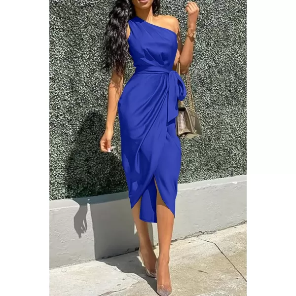 imagePRETTYGARDEN Womens 2023 Summer Ruched Bodycon Dress Sleeveless One Shoulder Wrap Satin Belted Cocktail Midi DressRoyal Blue