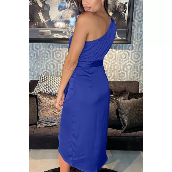 imagePRETTYGARDEN Womens 2023 Summer Ruched Bodycon Dress Sleeveless One Shoulder Wrap Satin Belted Cocktail Midi DressRoyal Blue
