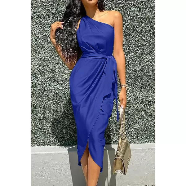 imagePRETTYGARDEN Womens 2023 Summer Ruched Bodycon Dress Sleeveless One Shoulder Wrap Satin Belted Cocktail Midi DressRoyal Blue