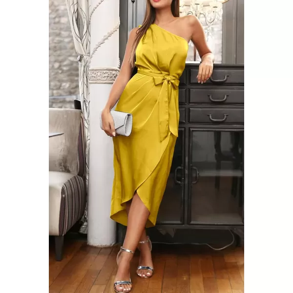imagePRETTYGARDEN Womens 2023 Summer Ruched Bodycon Dress Sleeveless One Shoulder Wrap Satin Belted Cocktail Midi DressYellow