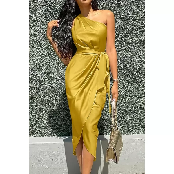 imagePRETTYGARDEN Womens 2023 Summer Ruched Bodycon Dress Sleeveless One Shoulder Wrap Satin Belted Cocktail Midi DressYellow