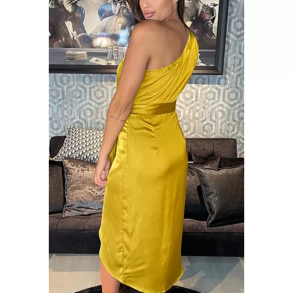 imagePRETTYGARDEN Womens 2023 Summer Ruched Bodycon Dress Sleeveless One Shoulder Wrap Satin Belted Cocktail Midi DressYellow