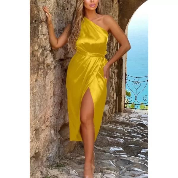 imagePRETTYGARDEN Womens 2023 Summer Ruched Bodycon Dress Sleeveless One Shoulder Wrap Satin Belted Cocktail Midi DressYellow