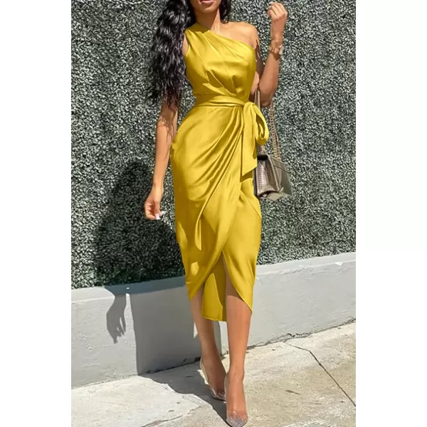 imagePRETTYGARDEN Womens 2023 Summer Ruched Bodycon Dress Sleeveless One Shoulder Wrap Satin Belted Cocktail Midi DressYellow