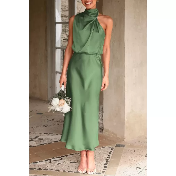 imagePRETTYGARDEN Womens 2023 Summer Satin Dress Elegant Sleeveless Mock Neck Cocktail Party Maxi DressesArmy Green