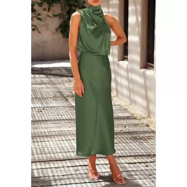 imagePRETTYGARDEN Womens 2023 Summer Satin Dress Elegant Sleeveless Mock Neck Cocktail Party Maxi DressesArmy Green