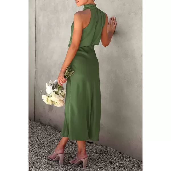 imagePRETTYGARDEN Womens 2023 Summer Satin Dress Elegant Sleeveless Mock Neck Cocktail Party Maxi DressesArmy Green