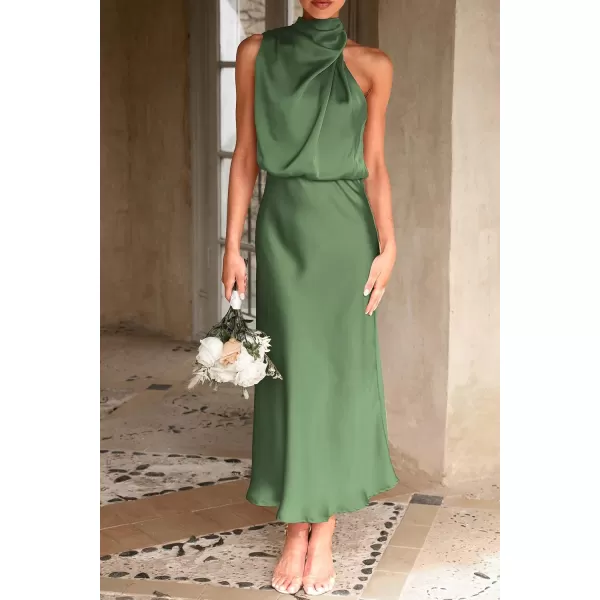 imagePRETTYGARDEN Womens 2023 Summer Satin Dress Elegant Sleeveless Mock Neck Cocktail Party Maxi DressesArmy Green