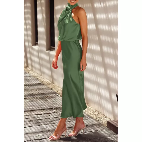 imagePRETTYGARDEN Womens 2023 Summer Satin Dress Elegant Sleeveless Mock Neck Cocktail Party Maxi DressesArmy Green