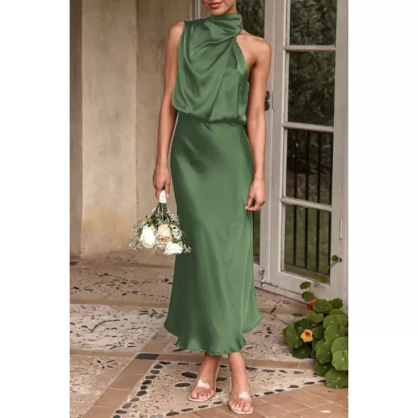 imagePRETTYGARDEN Womens 2023 Summer Satin Dress Elegant Sleeveless Mock Neck Cocktail Party Maxi DressesArmy Green