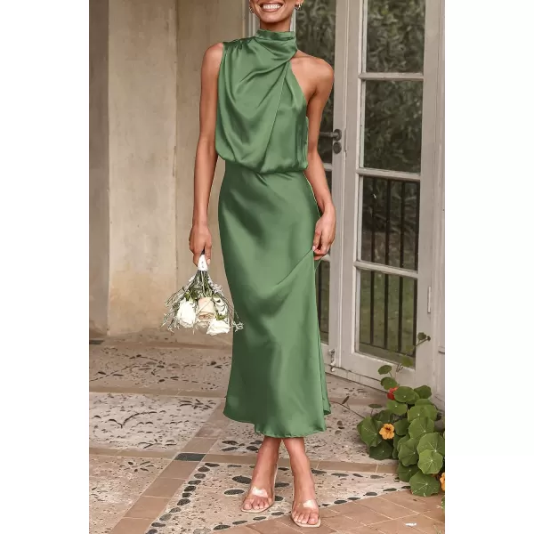 imagePRETTYGARDEN Womens 2023 Summer Satin Dress Elegant Sleeveless Mock Neck Cocktail Party Maxi DressesArmy Green