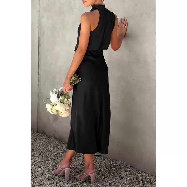 imagePRETTYGARDEN Womens 2023 Summer Satin Dress Elegant Sleeveless Mock Neck Cocktail Party Maxi DressesBlack