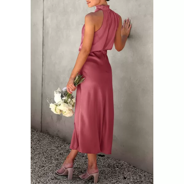 imagePRETTYGARDEN Womens 2023 Summer Satin Dress Elegant Sleeveless Mock Neck Cocktail Party Maxi DressesBrick Red