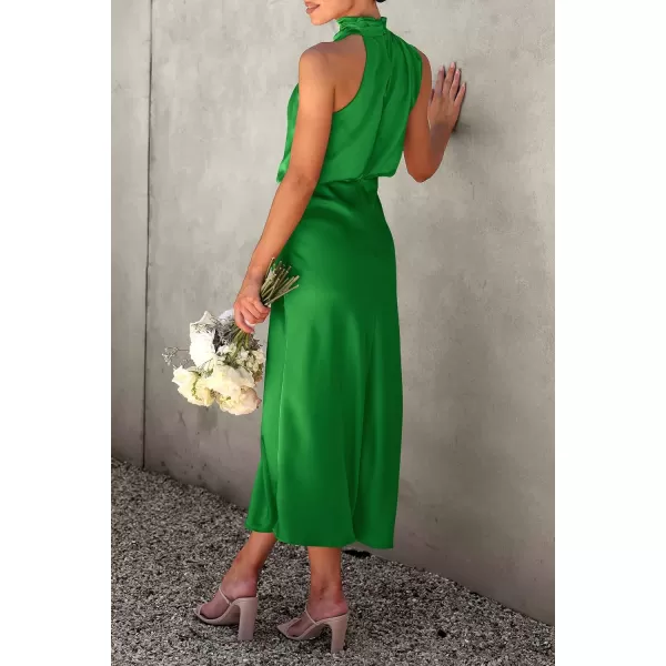 imagePRETTYGARDEN Womens 2023 Summer Satin Dress Elegant Sleeveless Mock Neck Cocktail Party Maxi DressesBright Green