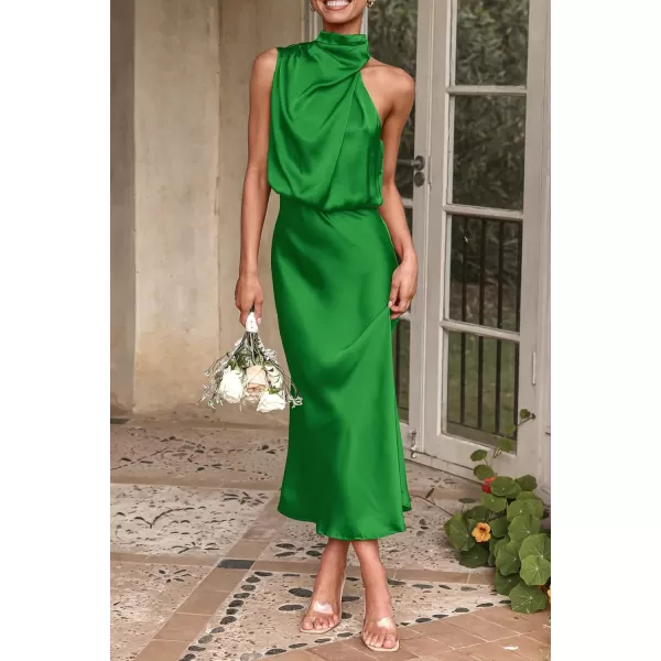 imagePRETTYGARDEN Womens 2023 Summer Satin Dress Elegant Sleeveless Mock Neck Cocktail Party Maxi DressesBright Green