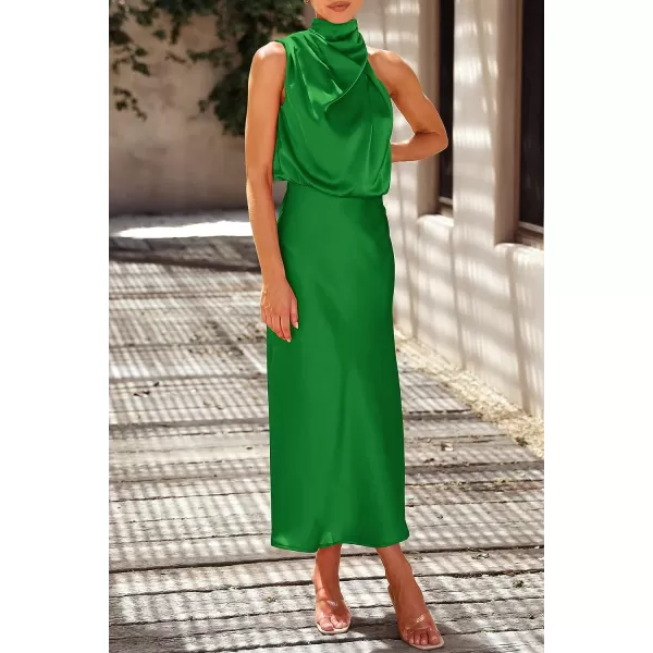 imagePRETTYGARDEN Womens 2023 Summer Satin Dress Elegant Sleeveless Mock Neck Cocktail Party Maxi DressesBright Green