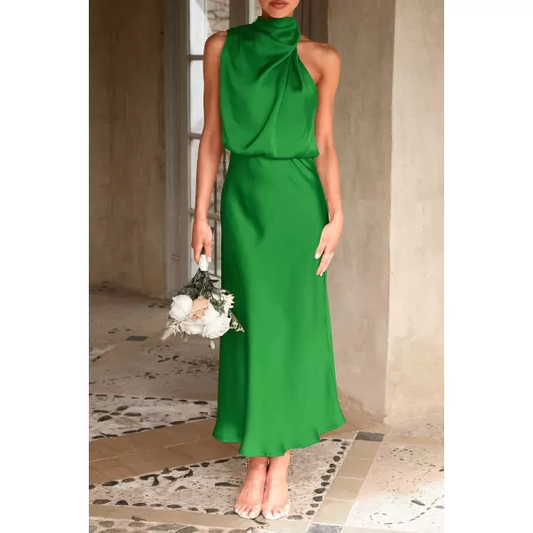 imagePRETTYGARDEN Womens 2023 Summer Satin Dress Elegant Sleeveless Mock Neck Cocktail Party Maxi DressesBright Green