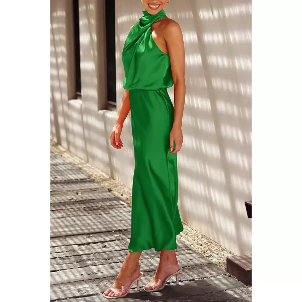 imagePRETTYGARDEN Womens 2023 Summer Satin Dress Elegant Sleeveless Mock Neck Cocktail Party Maxi DressesBright Green