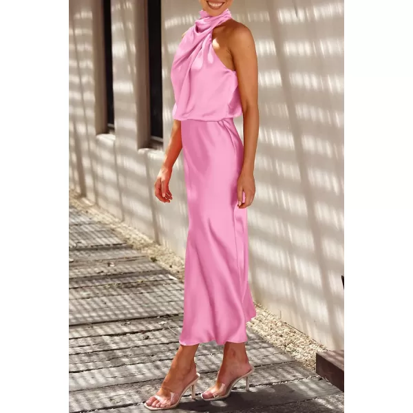 imagePRETTYGARDEN Womens 2023 Summer Satin Dress Elegant Sleeveless Mock Neck Cocktail Party Maxi DressesBright Pink