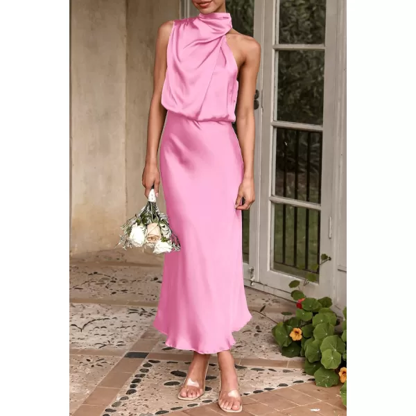 imagePRETTYGARDEN Womens 2023 Summer Satin Dress Elegant Sleeveless Mock Neck Cocktail Party Maxi DressesBright Pink