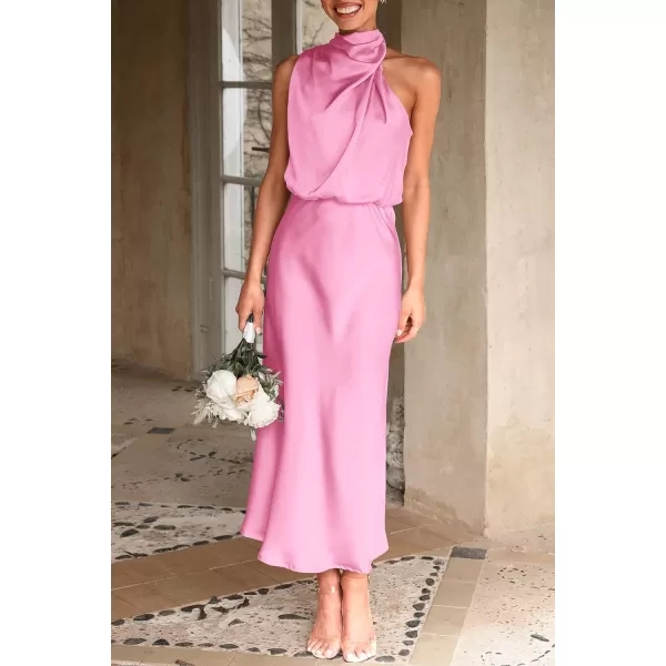 imagePRETTYGARDEN Womens 2023 Summer Satin Dress Elegant Sleeveless Mock Neck Cocktail Party Maxi DressesBright Pink
