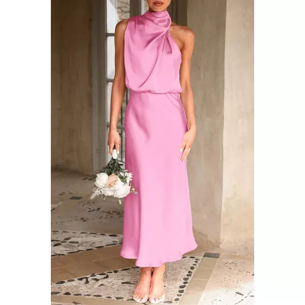 imagePRETTYGARDEN Womens 2023 Summer Satin Dress Elegant Sleeveless Mock Neck Cocktail Party Maxi DressesBright Pink
