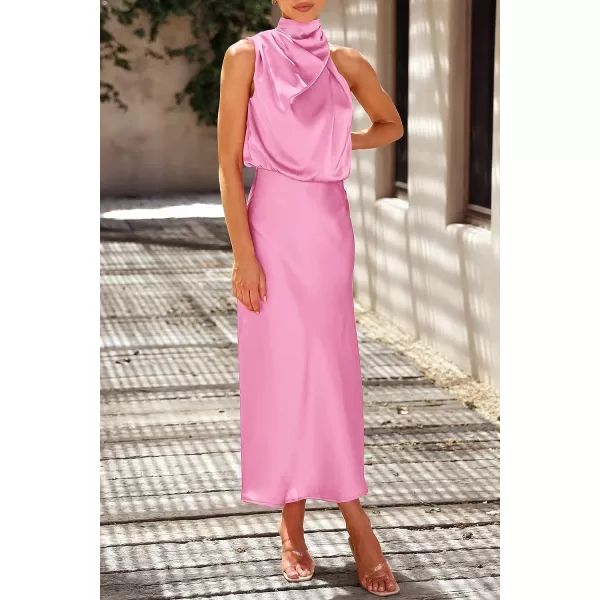 imagePRETTYGARDEN Womens 2023 Summer Satin Dress Elegant Sleeveless Mock Neck Cocktail Party Maxi DressesBright Pink