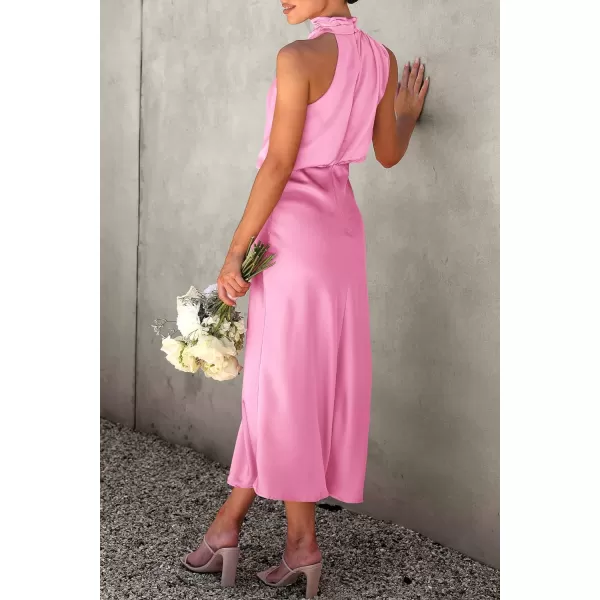 imagePRETTYGARDEN Womens 2023 Summer Satin Dress Elegant Sleeveless Mock Neck Cocktail Party Maxi DressesBright Pink