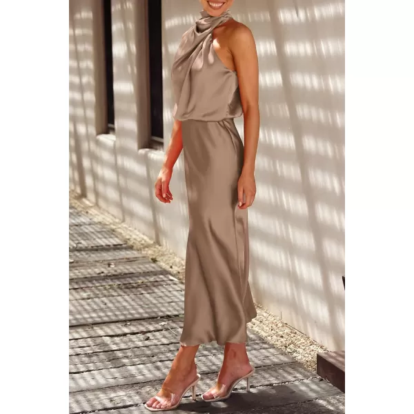 imagePRETTYGARDEN Womens 2023 Summer Satin Dress Elegant Sleeveless Mock Neck Cocktail Party Maxi DressesChampagne