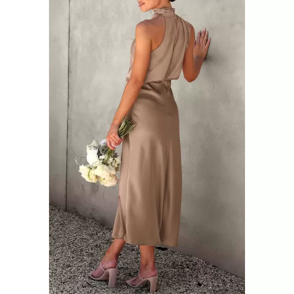 imagePRETTYGARDEN Womens 2023 Summer Satin Dress Elegant Sleeveless Mock Neck Cocktail Party Maxi DressesChampagne