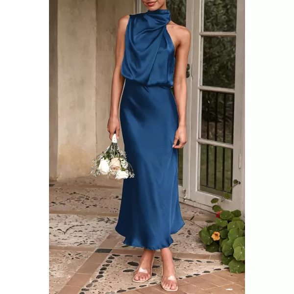 imagePRETTYGARDEN Womens 2023 Summer Satin Dress Elegant Sleeveless Mock Neck Cocktail Party Maxi DressesDark Blue