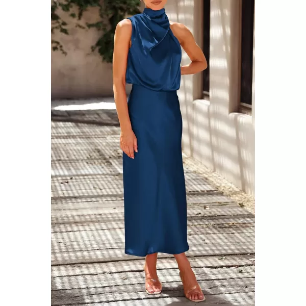 imagePRETTYGARDEN Womens 2023 Summer Satin Dress Elegant Sleeveless Mock Neck Cocktail Party Maxi DressesDark Blue